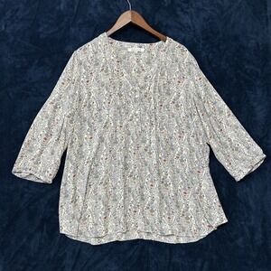Rose + Olive Womens Henley Button Top Size 2X Micro Flower Print Office Wear